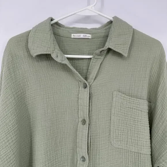 Be Cool Womens M/L Sage Green Gauze Cotton Button Front Roll Tab Oversized Top - Picture 2 of 12